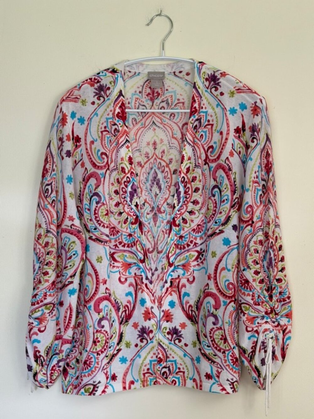 Chico's Open Front Paisley Cardigan – Ruched Drawstring Sleeves, XL
